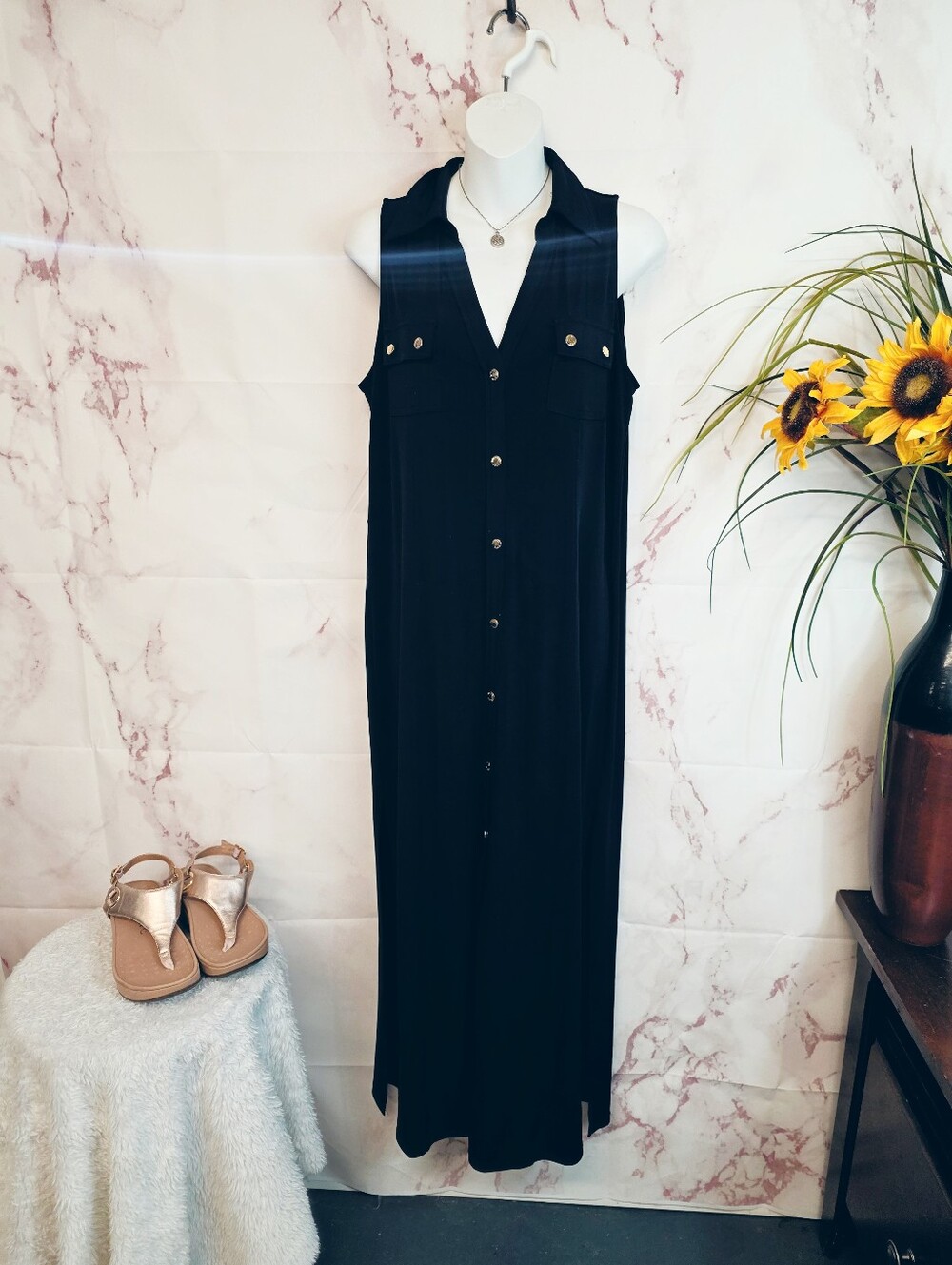 Michael Michael Kors Black Sleeveless Button Front Maxi Dress PL - Picture 2 of 6